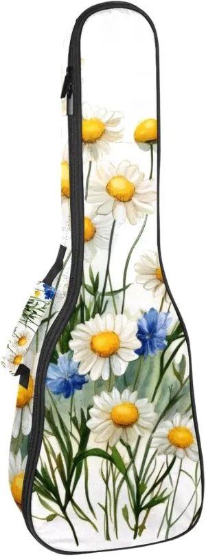 23 Inch Concert Ukulele Case Watercolor Blue Flowers Yellow Chamomile Flowers Ukulele Padded Bag with Storage and Shoulder Straps