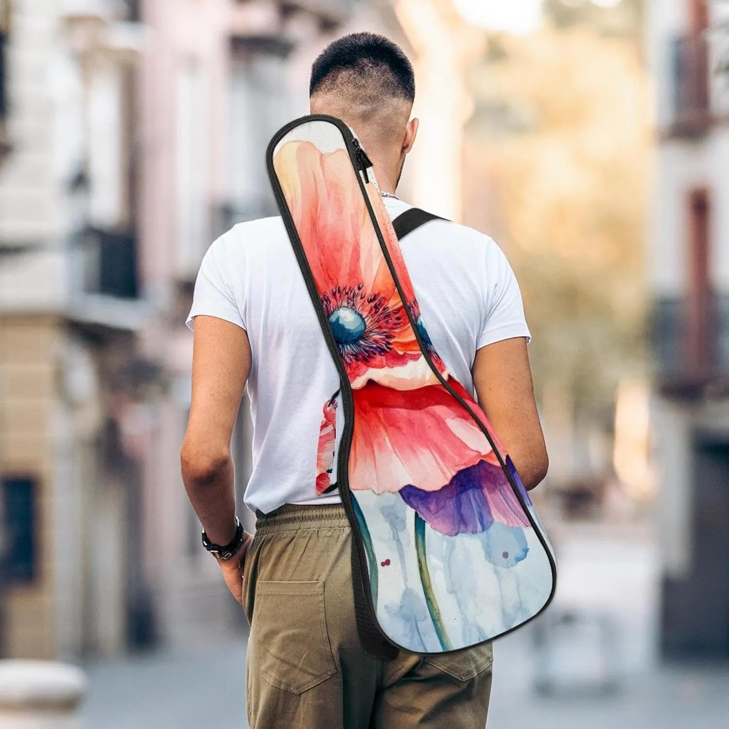 23 Inch Concert Ukulele Case Watercolor Flower Floral Painting Ukulele Padded Bag with Storage and Shoulder Straps