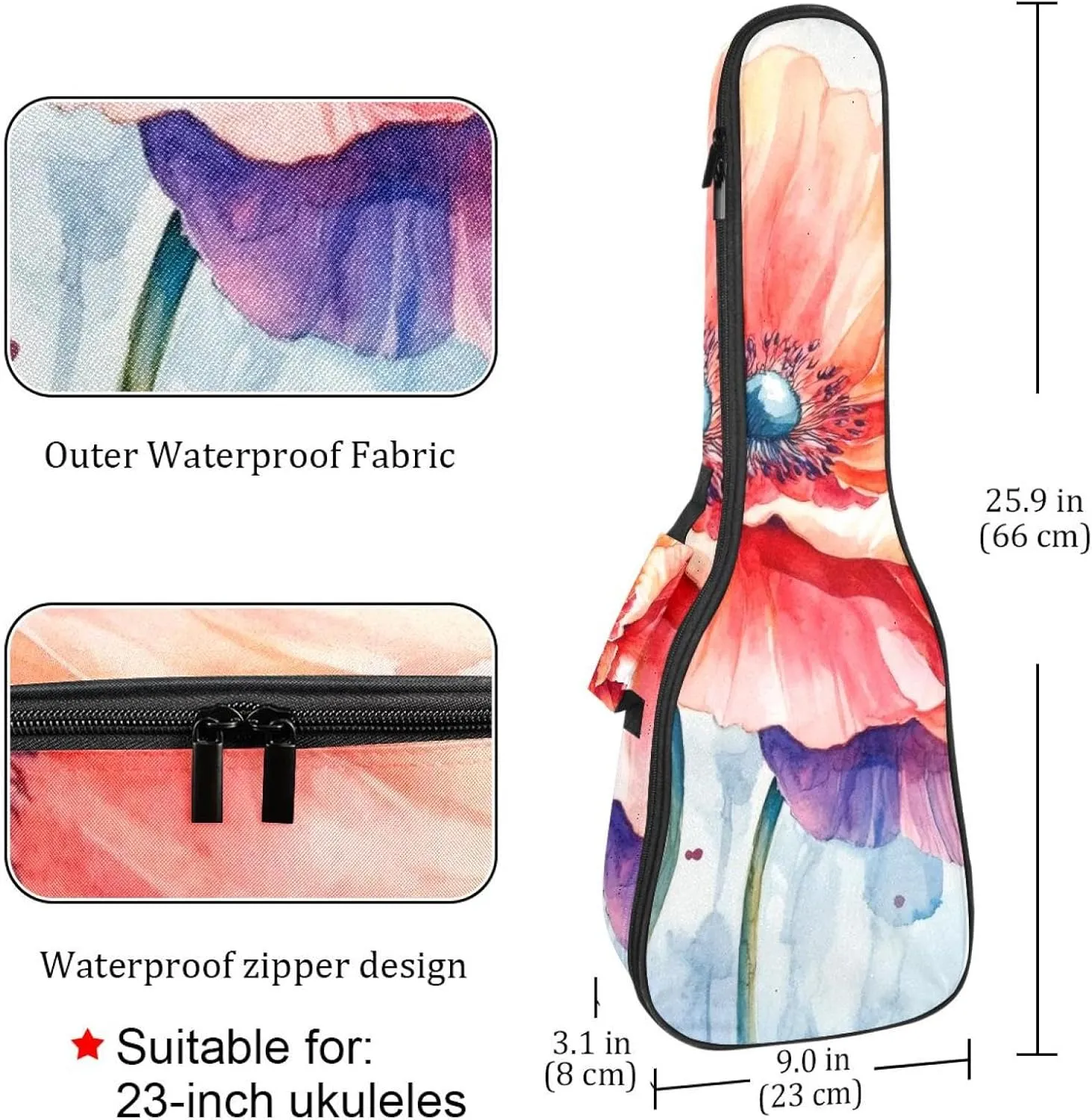 23 Inch Concert Ukulele Case Watercolor Flower Floral Painting Ukulele Padded Bag with Storage and Shoulder Straps