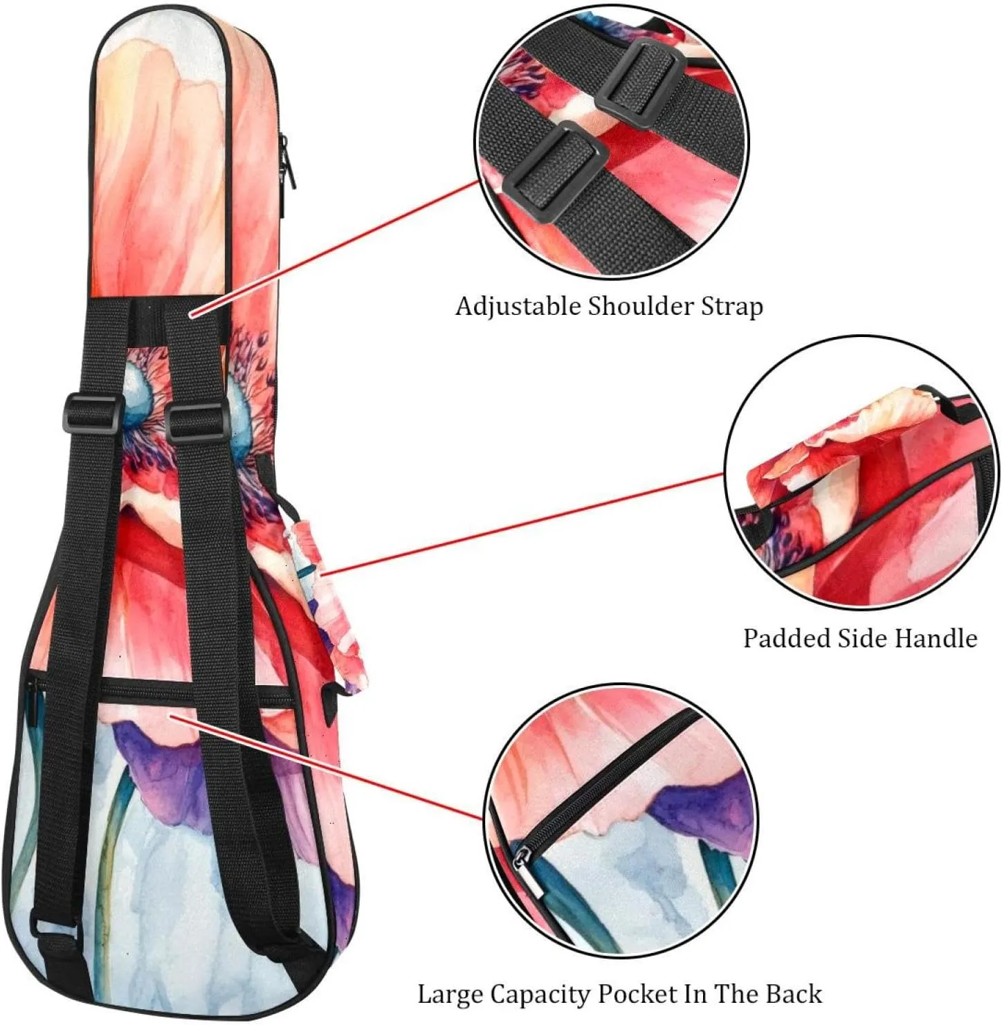 23 Inch Concert Ukulele Case Watercolor Flower Floral Painting Ukulele Padded Bag with Storage and Shoulder Straps