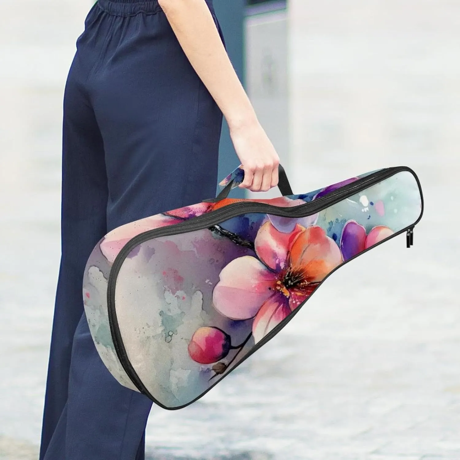 23 Inch Concert Ukulele Case Watercolor Pink Flowers Painting Ukulele Padded Bag with Storage and Shoulder Straps