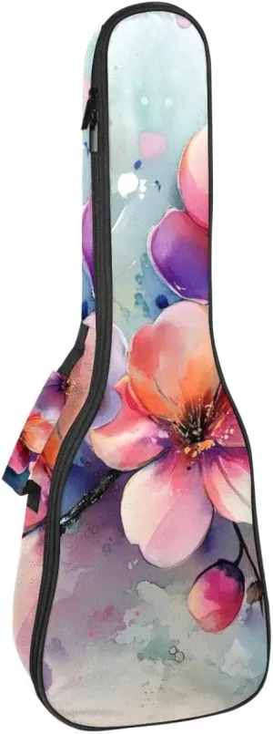 23 Inch Concert Ukulele Case Watercolor Pink Flowers Painting Ukulele Padded Bag with Storage and Shoulder Straps