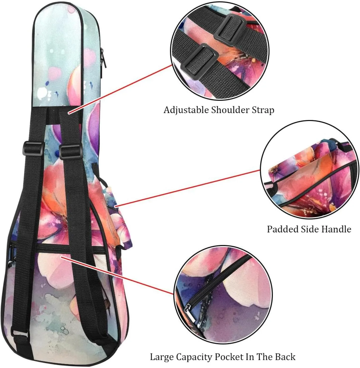 23 Inch Concert Ukulele Case Watercolor Pink Flowers Painting Ukulele Padded Bag with Storage and Shoulder Straps