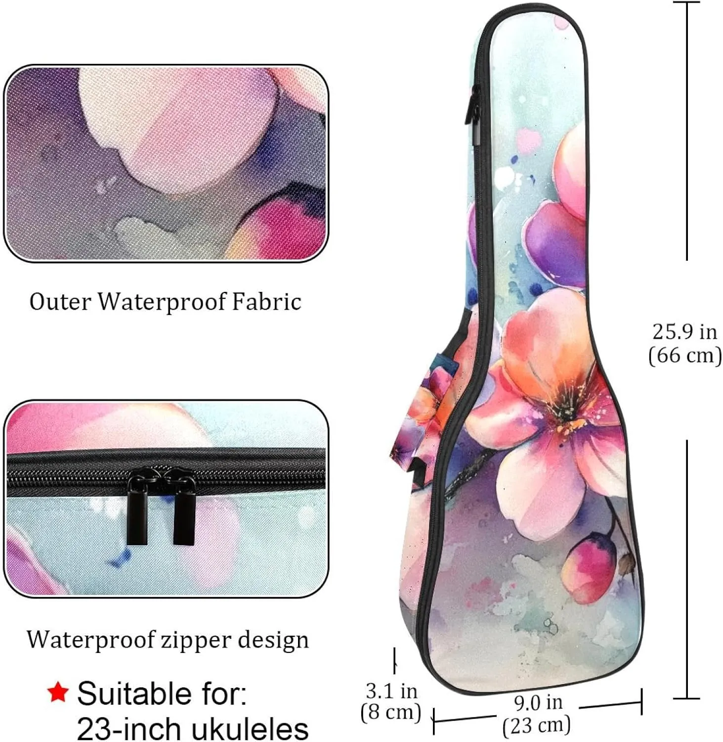23 Inch Concert Ukulele Case Watercolor Pink Flowers Painting Ukulele Padded Bag with Storage and Shoulder Straps