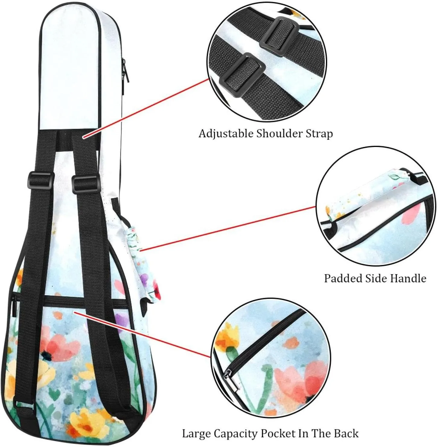 23 Inch Concert Ukulele Case Watercolor Summer Flower Ukulele Padded Bag with Storage and Shoulder Straps