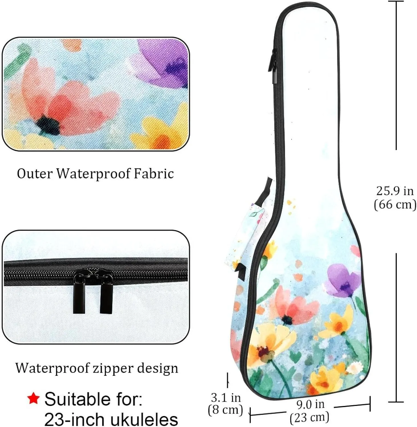 23 Inch Concert Ukulele Case Watercolor Summer Flower Ukulele Padded Bag with Storage and Shoulder Straps