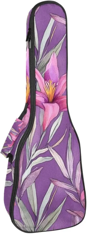 23 Inch Concert Ukulele Case Watercolor Tropical Purple Flowers and Leaves Ukulele Padded Bag with Storage and Shoulder Straps