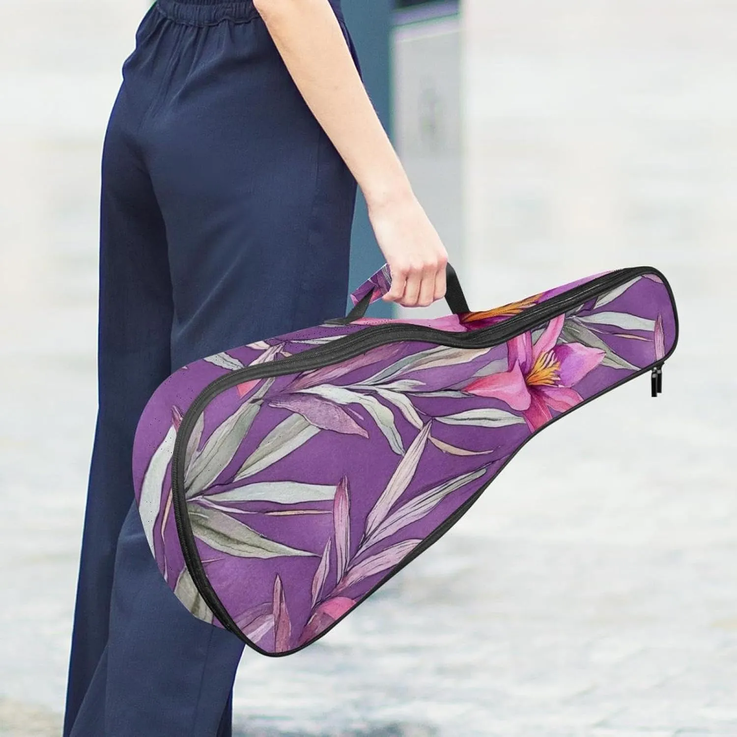 23 Inch Concert Ukulele Case Watercolor Tropical Purple Flowers and Leaves Ukulele Padded Bag with Storage and Shoulder Straps