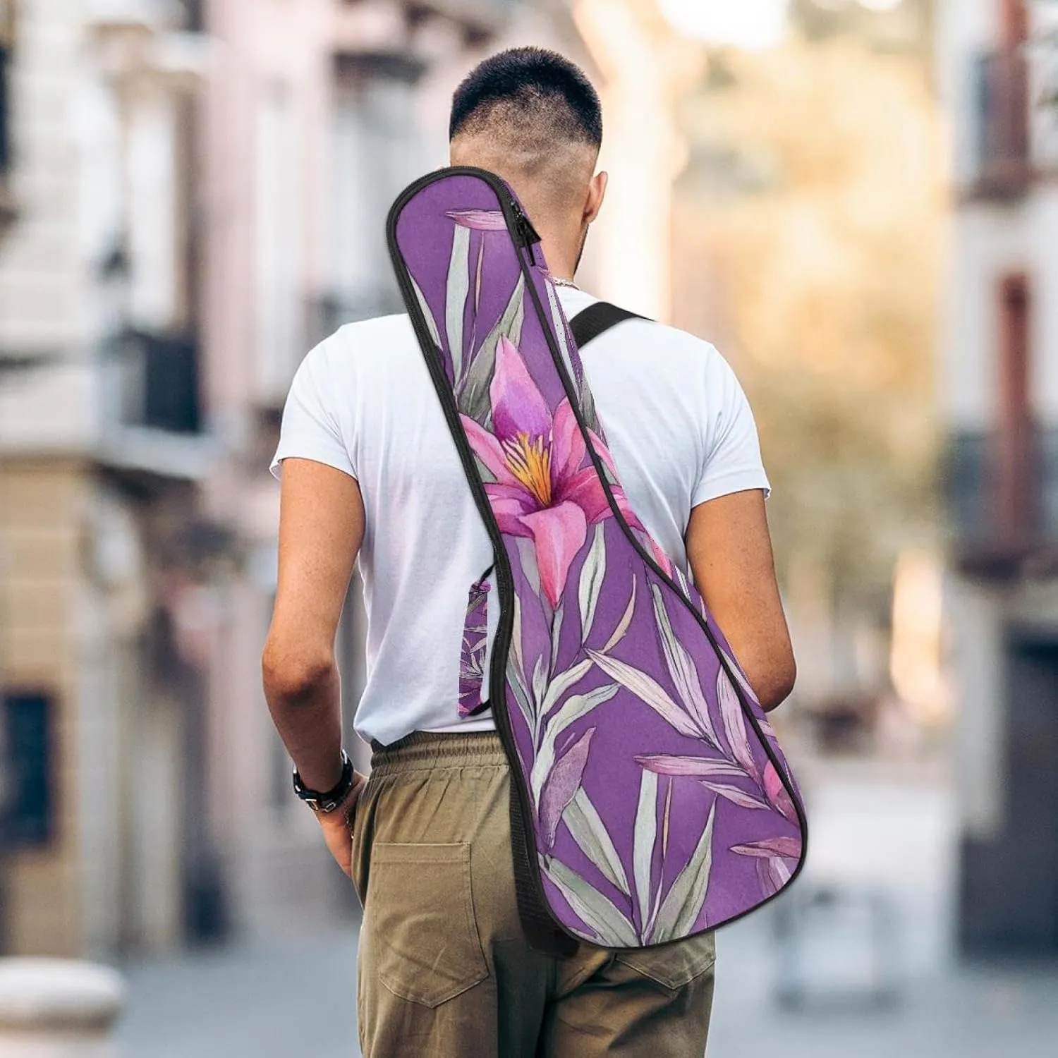 23 Inch Concert Ukulele Case Watercolor Tropical Purple Flowers and Leaves Ukulele Padded Bag with Storage and Shoulder Straps