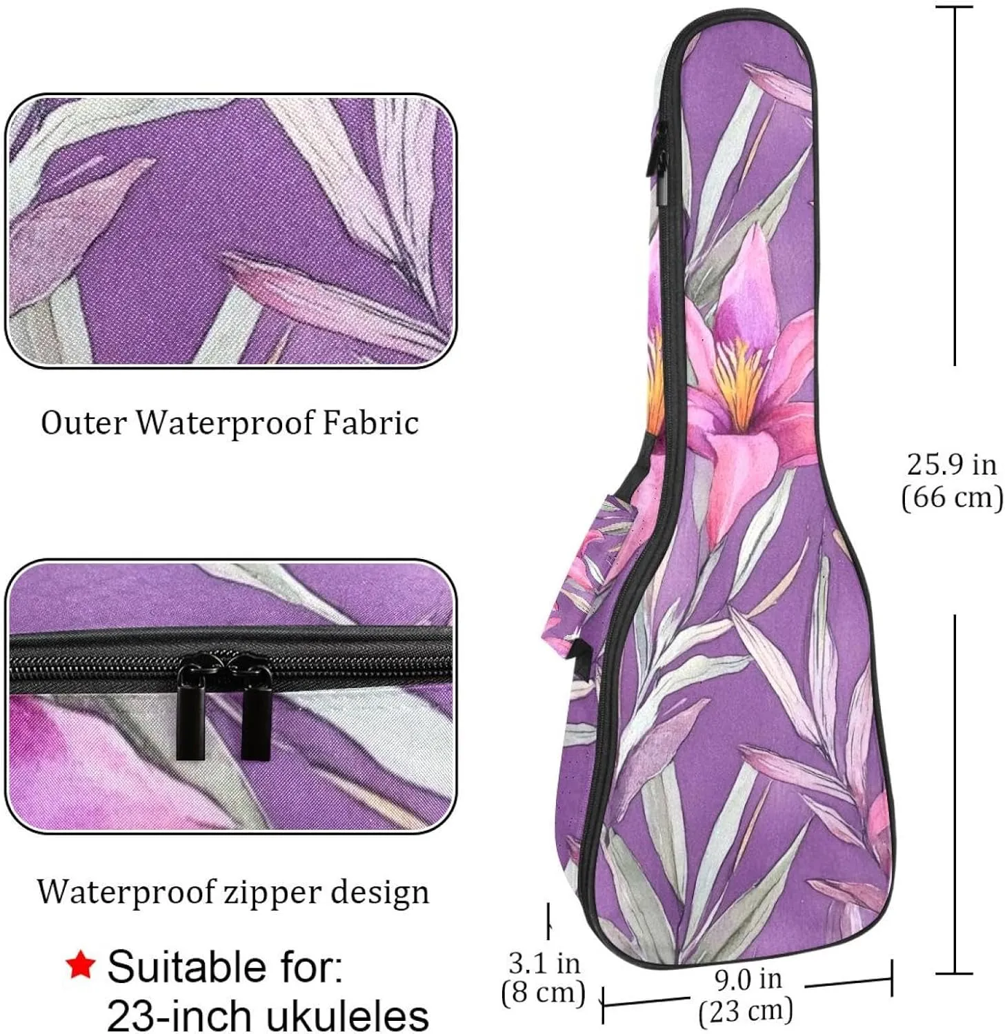 23 Inch Concert Ukulele Case Watercolor Tropical Purple Flowers and Leaves Ukulele Padded Bag with Storage and Shoulder Straps