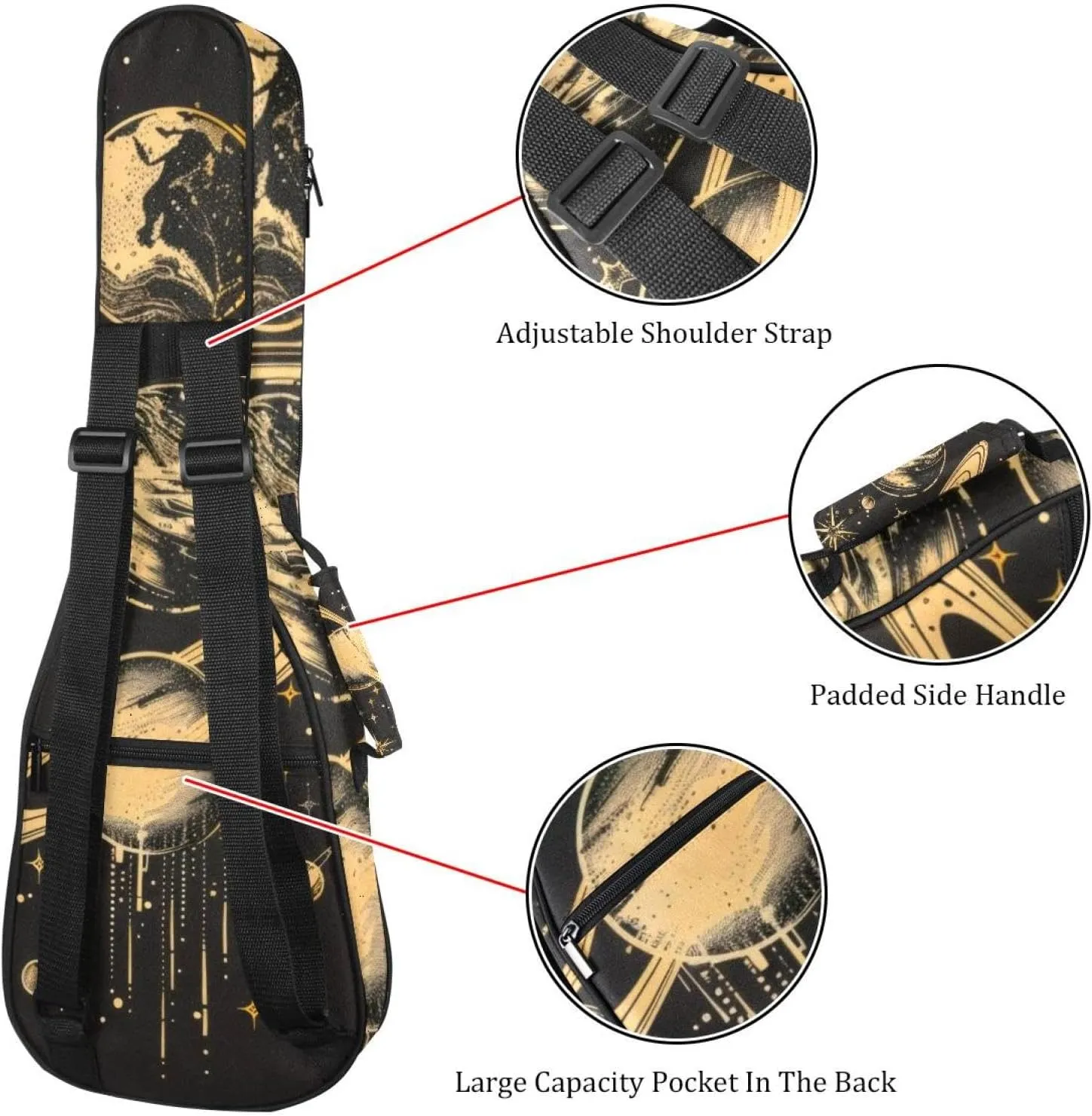23" Ukulele Bag Planets Solar System Galaxy and Stars Pattern Padding Carry Case Ukulele Cover with Storage and Thick Handle