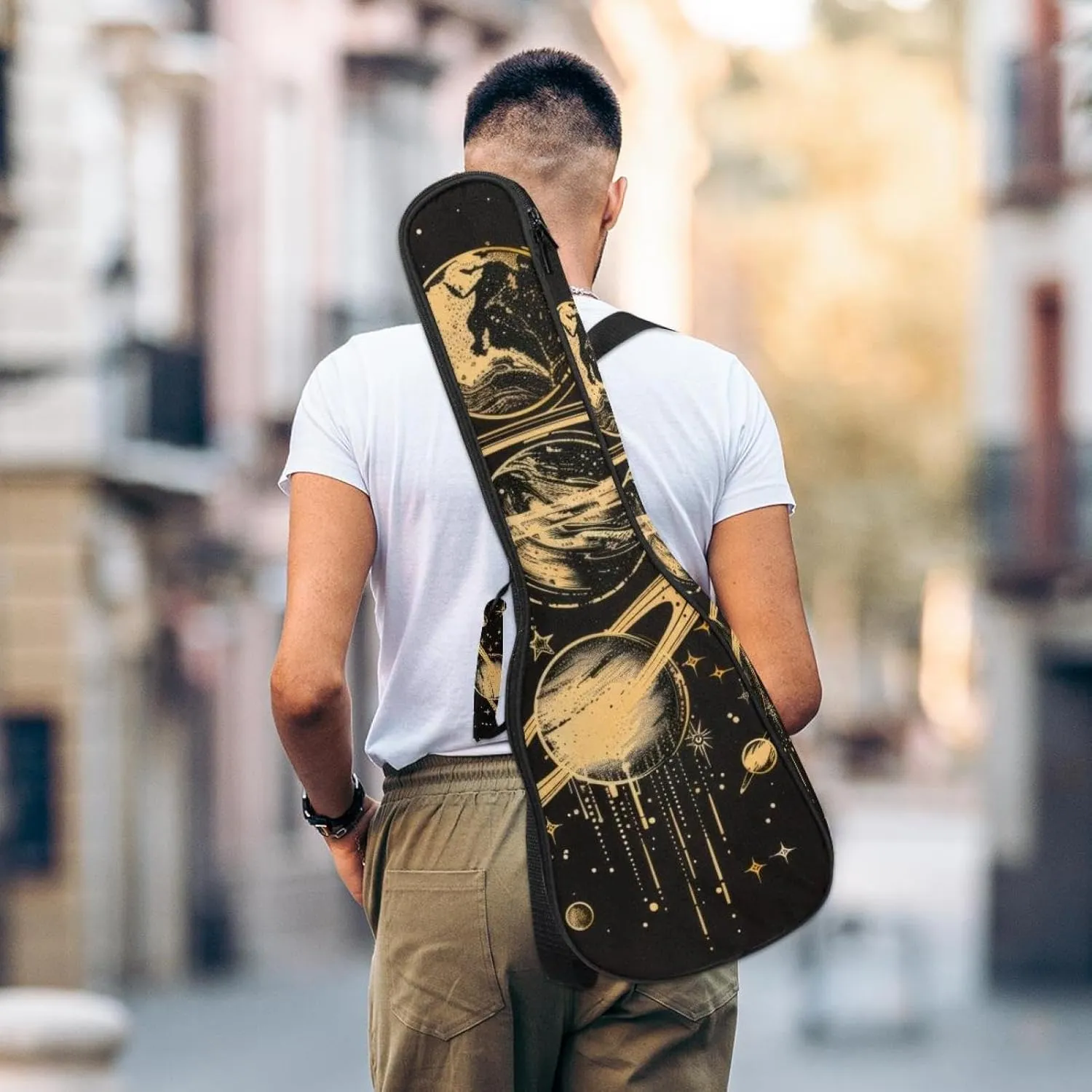 23" Ukulele Bag Planets Solar System Galaxy and Stars Pattern Padding Carry Case Ukulele Cover with Storage and Thick Handle