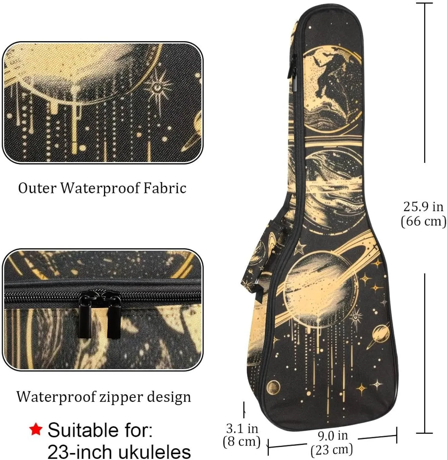 23" Ukulele Bag Planets Solar System Galaxy and Stars Pattern Padding Carry Case Ukulele Cover with Storage and Thick Handle