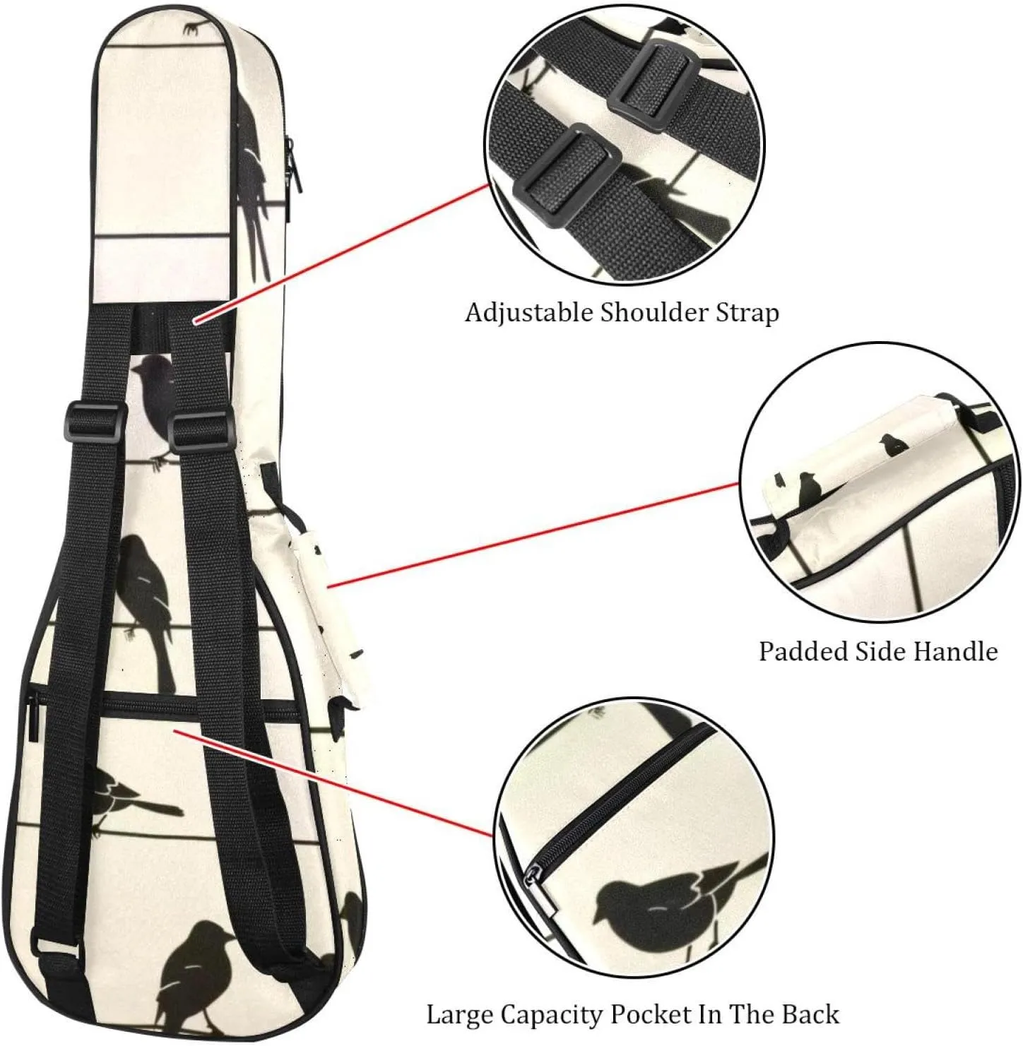 23" Ukulele Bag Sparrow Birds Silhouettes Padding Carry Case Ukulele Cover with Storage and Thick Handle