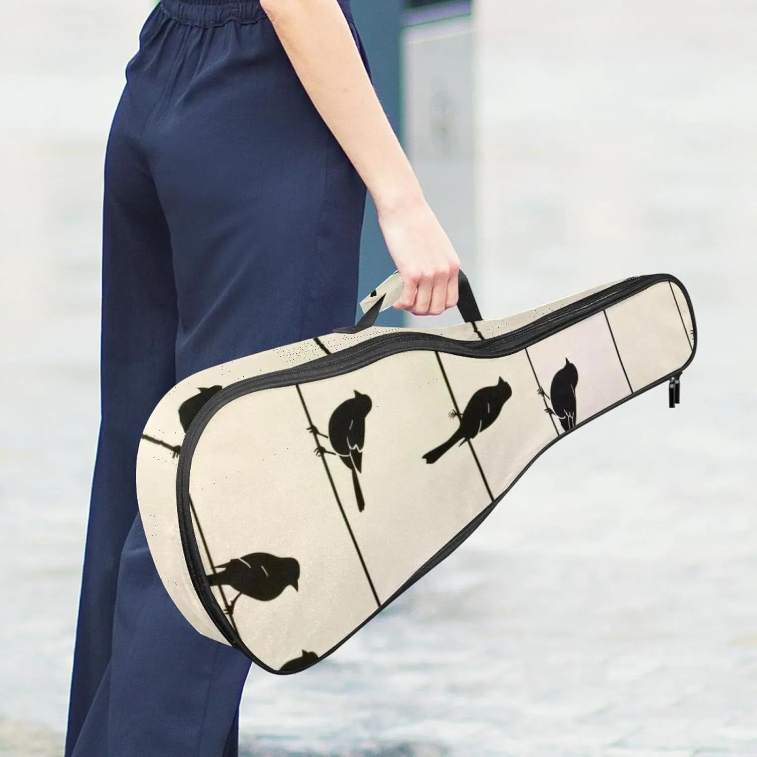 23" Ukulele Bag Sparrow Birds Silhouettes Padding Carry Case Ukulele Cover with Storage and Thick Handle