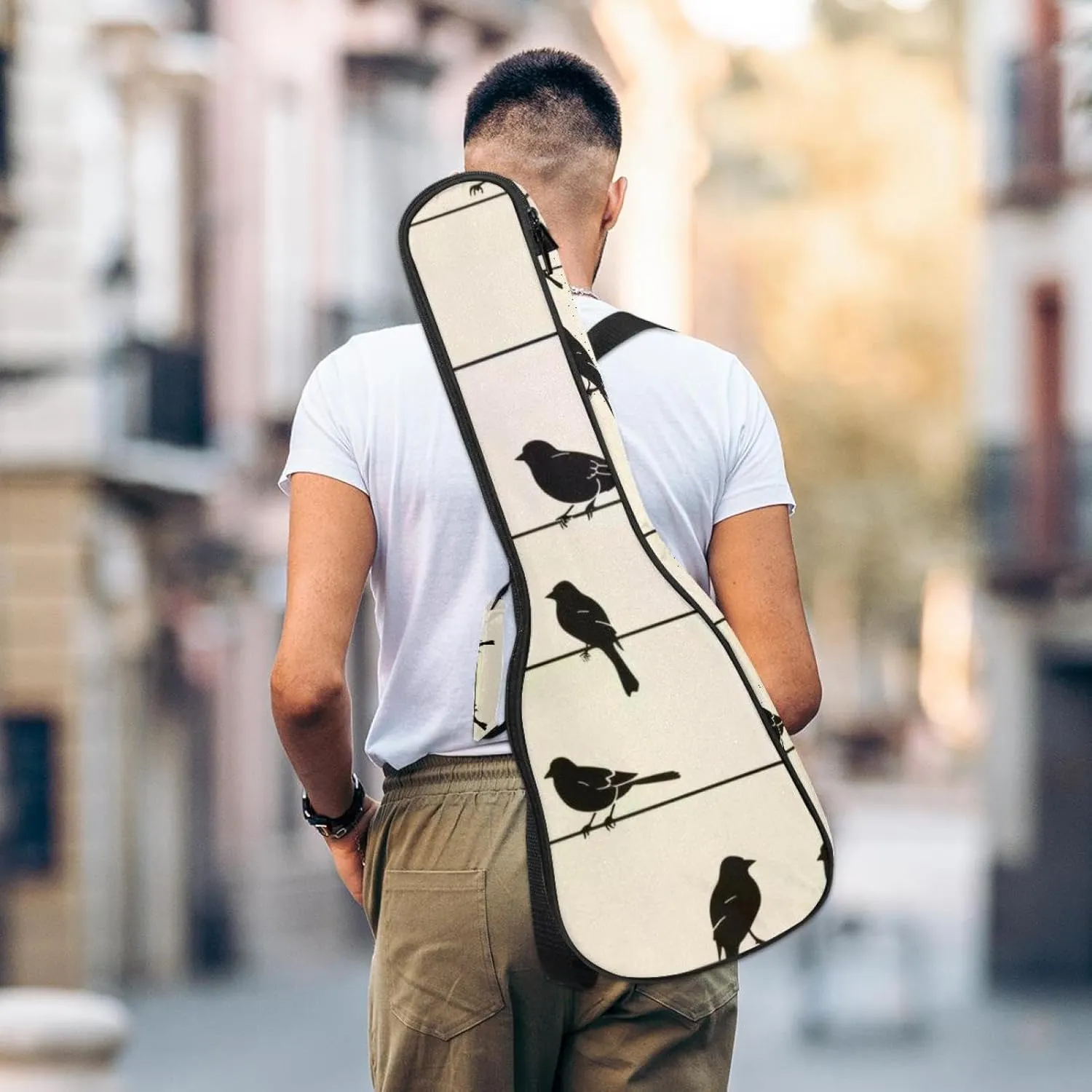 23" Ukulele Bag Sparrow Birds Silhouettes Padding Carry Case Ukulele Cover with Storage and Thick Handle