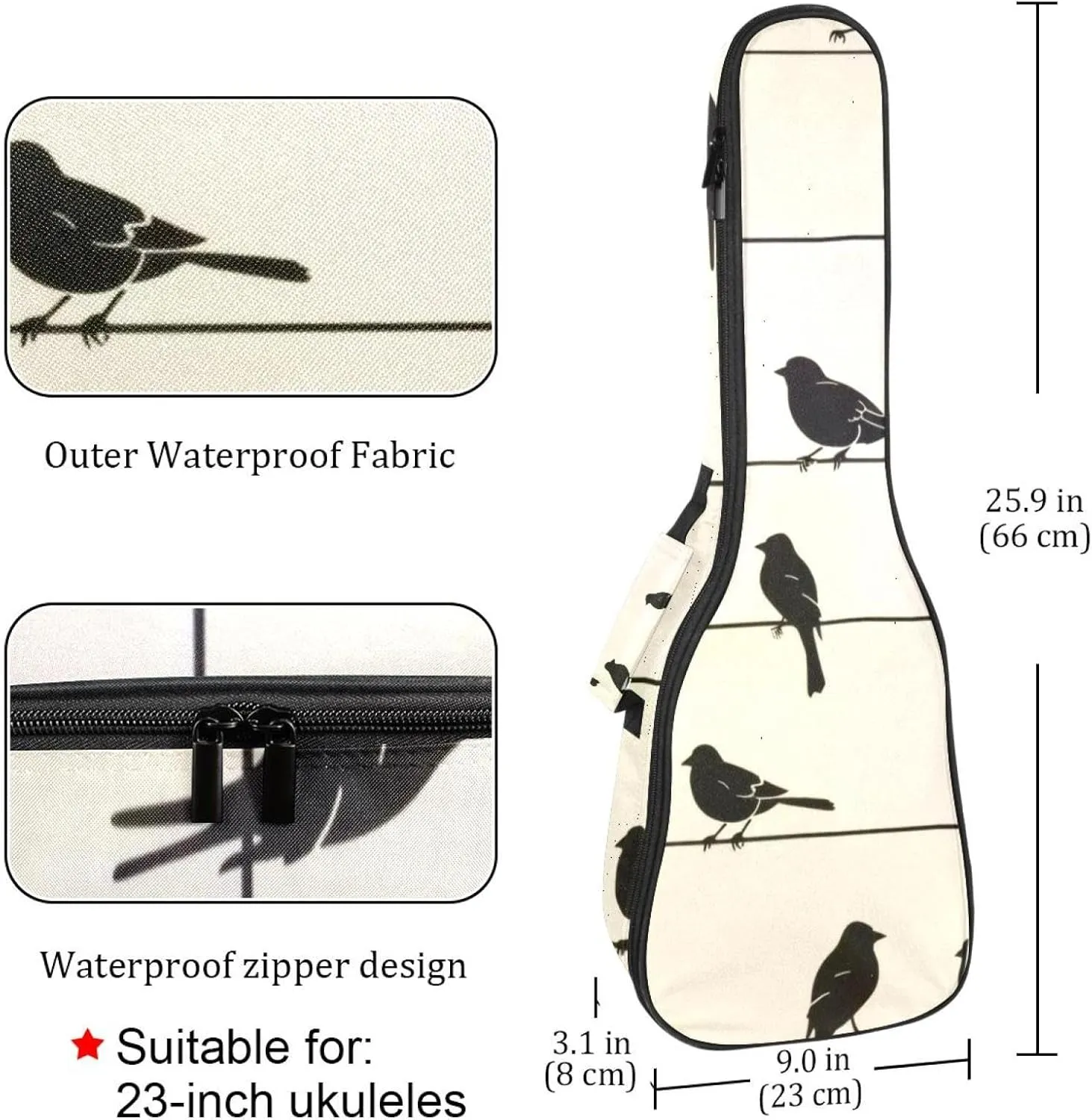 23" Ukulele Bag Sparrow Birds Silhouettes Padding Carry Case Ukulele Cover with Storage and Thick Handle