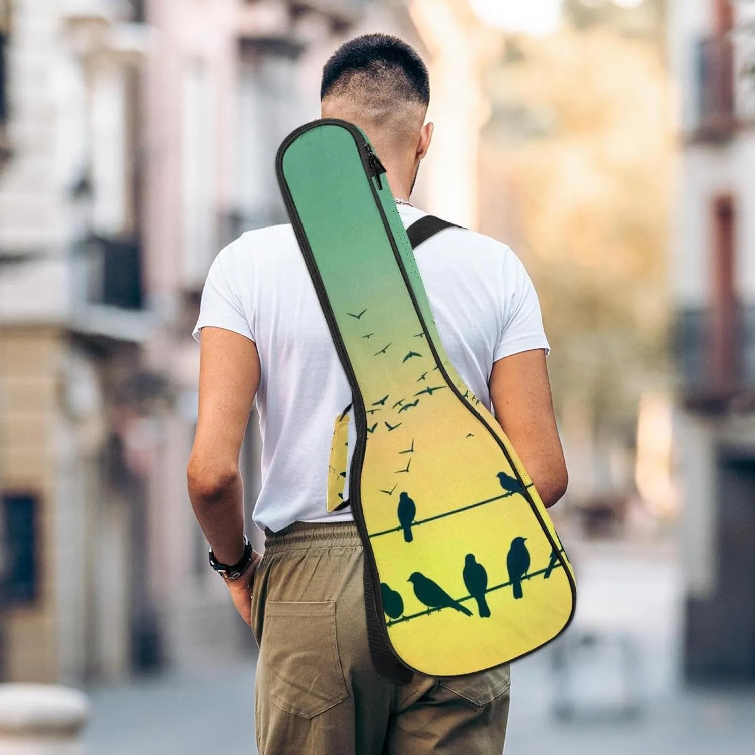 23" Ukulele Bag Spring Nature Sparrow Birds Silhouettes Padding Carry Case Ukulele Cover with Storage and Thick Handle