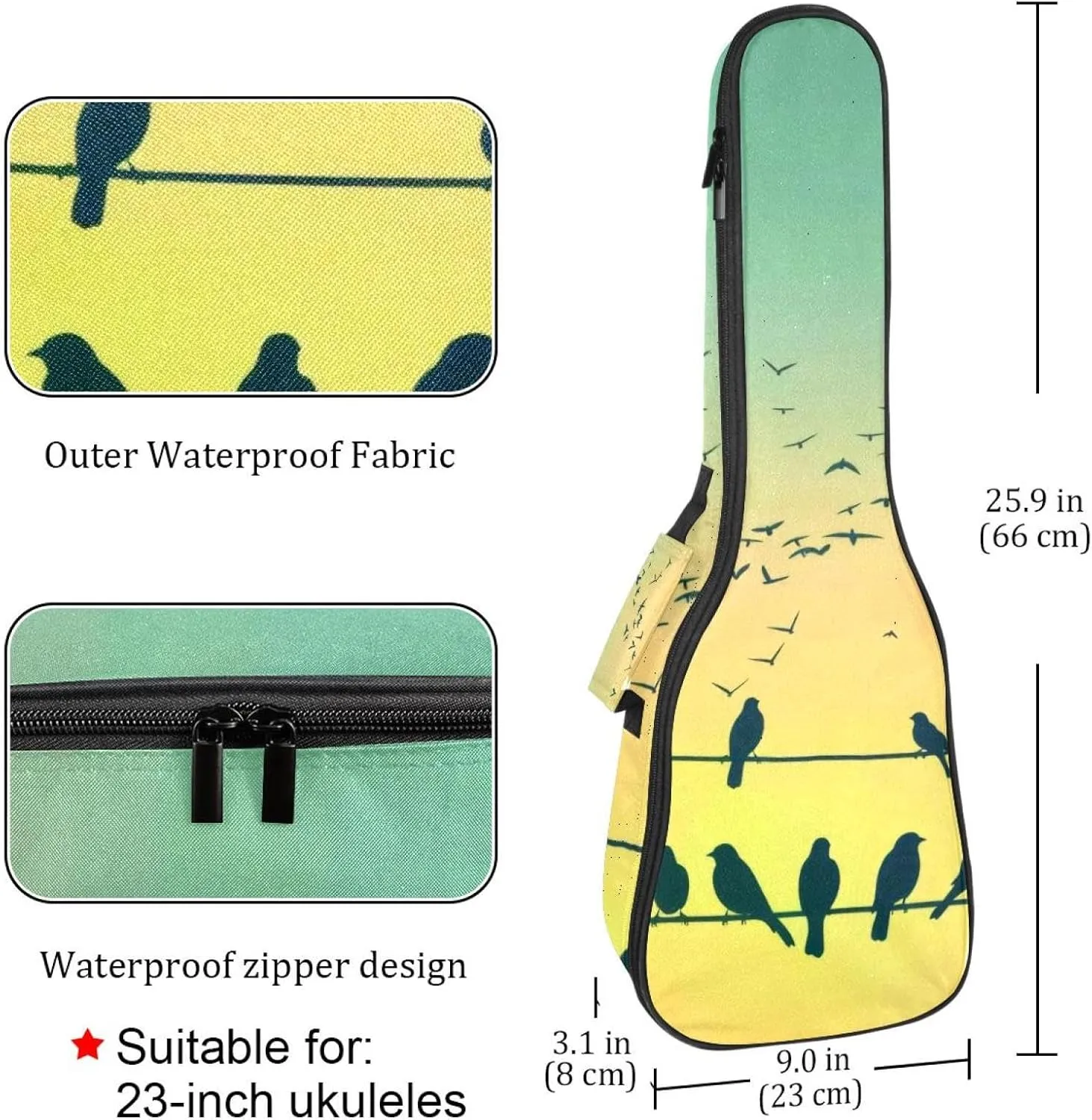 23" Ukulele Bag Spring Nature Sparrow Birds Silhouettes Padding Carry Case Ukulele Cover with Storage and Thick Handle