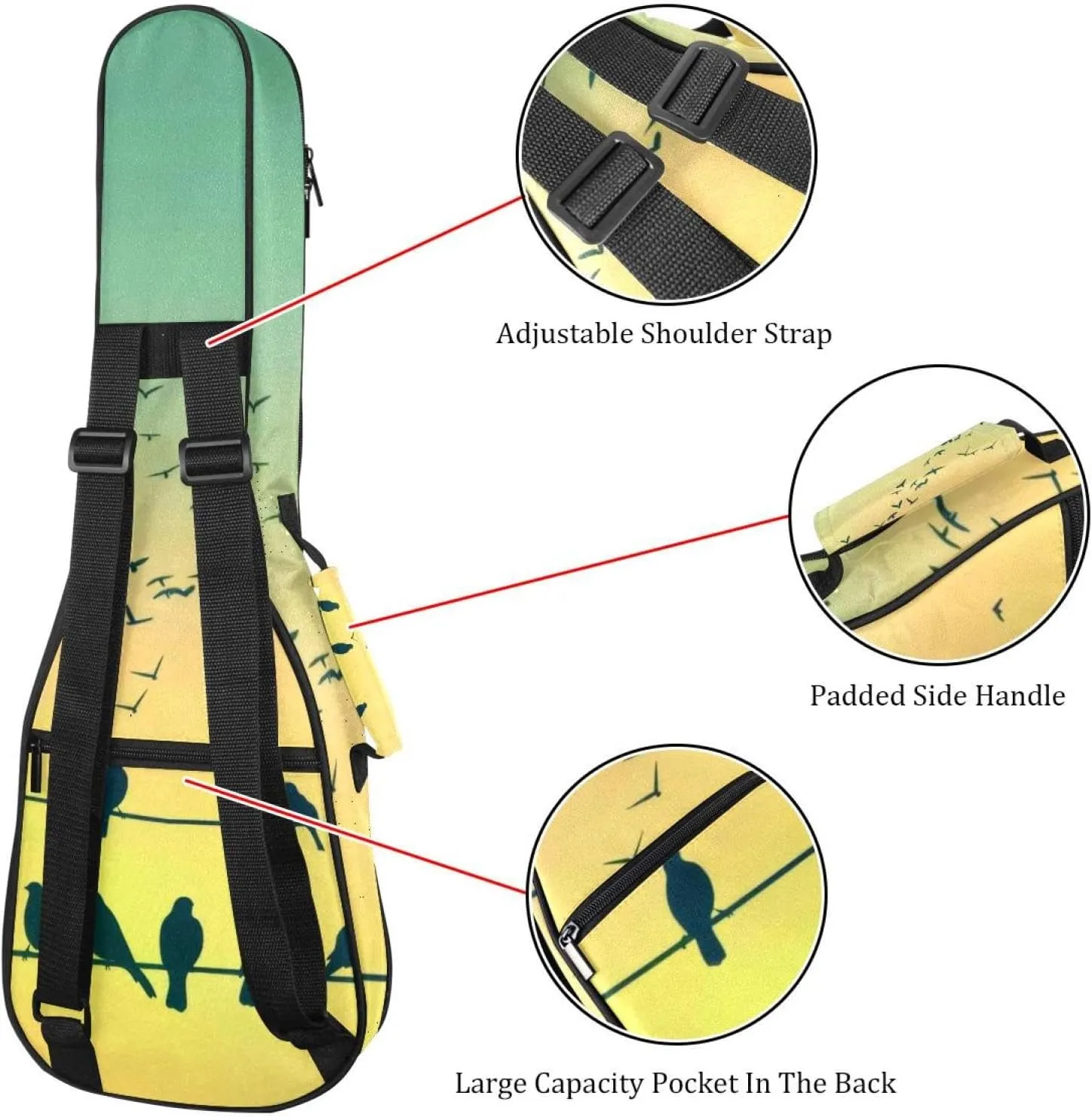 23" Ukulele Bag Spring Nature Sparrow Birds Silhouettes Padding Carry Case Ukulele Cover with Storage and Thick Handle