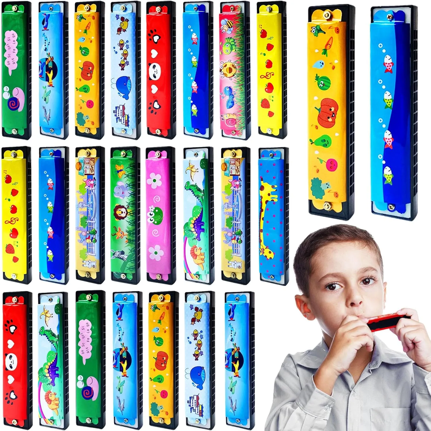 24 Pcs Kids Harmonica,Cartoon Harmonica Toy with Double Row,16 Holes Toddler Harmonicas for Beginners' Musical Instrument Toy,Party Favors,Goodie Bags,Gifts