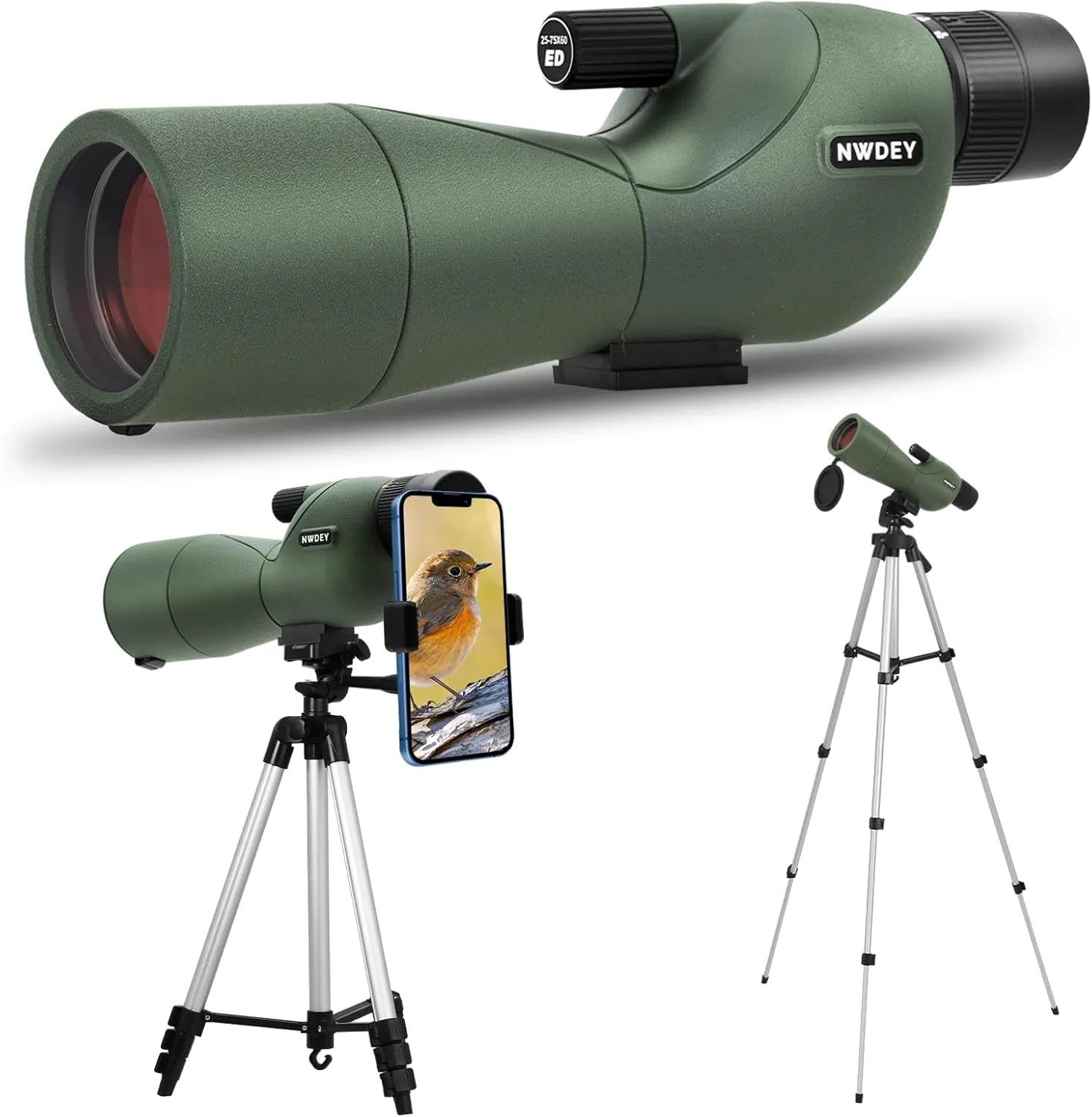 25-75X60 Spotting Scope with 51in Tripod, Spotting Scopes for Target Shooting, Hunting, Birding. Low Light Vision, Phone Adapter, Carry Bag, BAK4 Prism, FMC Lens, Waterproof (ArmyGreen)