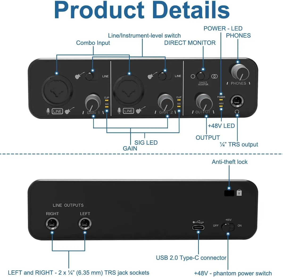 2i2 Audio Interface Audio Interface USB Microphone Preamps with 48V Phantom Power 24 Bit Support Smartphone/Tablet/Computer and Other Equipment Recording（No DAW Recording Software）