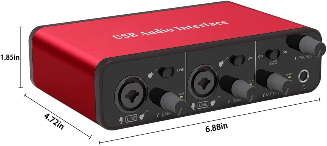 2i2 Audio Interface Audio Interface USB Microphone Preamps with 48V Phantom Power 24 Bit Support Smartphone/Tablet/Computer and Other Equipment Recording（No DAW Recording Software）