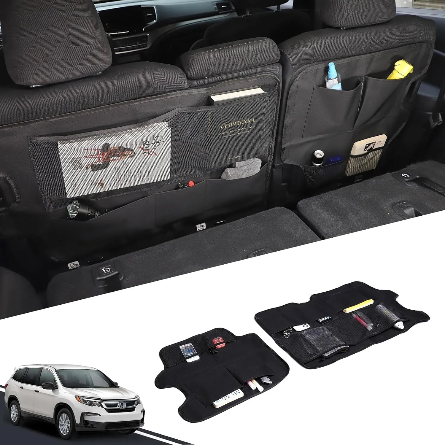 2PCS Backseat Organizer Compatible with Honda Pilot 2016-2022/ Ridgeline 2017-2023/ Passport 2019-2023, Oxford Fabric Storage Pockets Kick Mats Back Seat Protector Travel Accessories