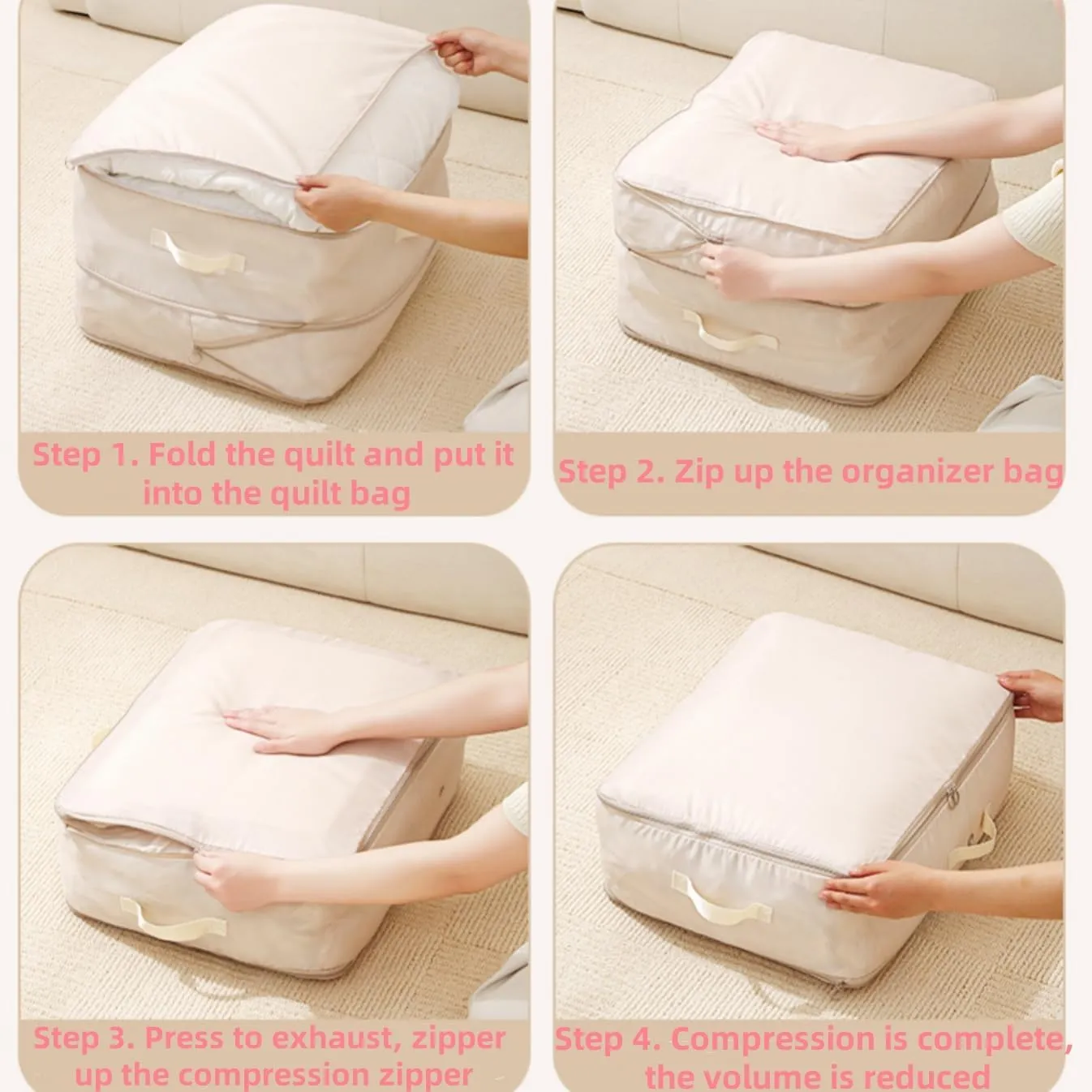 2Pcs Ultra Space Saving Self Compression Organizer, 2025 Upgrade Space Saving Compression Organizer, Space Saver Quilt Compression Storage Bags, Premium Comforter Storage Bag Bedding Storage Bag-Beige