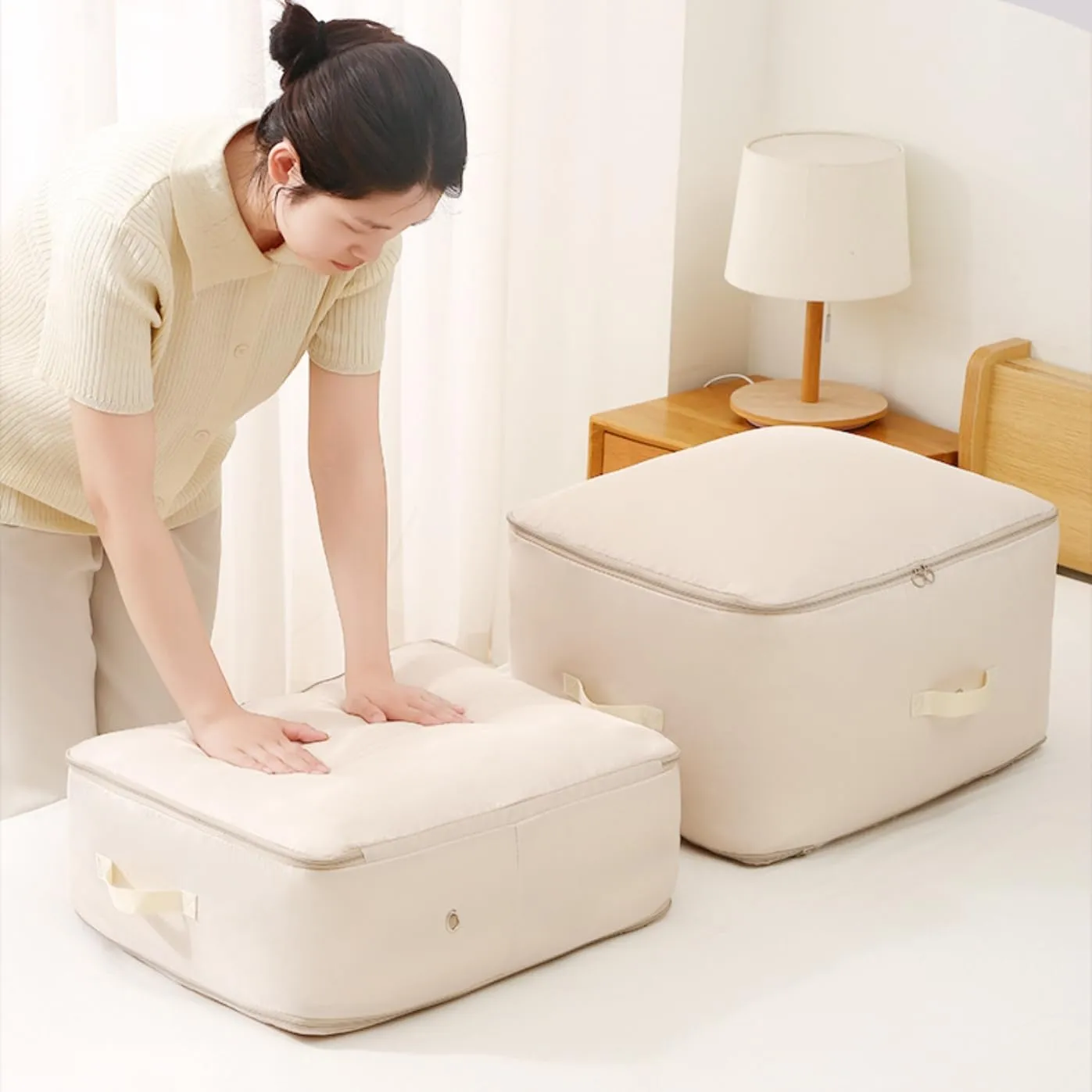 2Pcs Ultra Space Saving Self Compression Organizer, 2025 Upgrade Space Saving Compression Organizer, Space Saver Quilt Compression Storage Bags, Premium Comforter Storage Bag Bedding Storage Bag-Beige