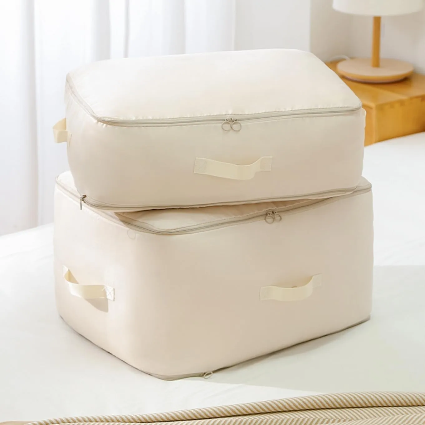 2Pcs Ultra Space Saving Self Compression Organizer, 2025 Upgrade Space Saving Compression Organizer, Space Saver Quilt Compression Storage Bags, Premium Comforter Storage Bag Bedding Storage Bag-Beige