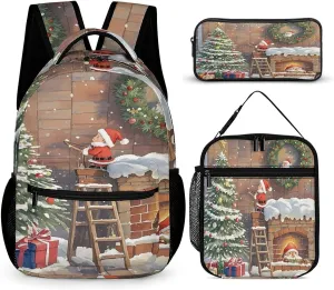 3-in-1 Backpack Lunch Bag Pencil Case Set, Little Santa Claus Print Adjustable Shoulder Straps,Spacious Storage – Perfect for Work & Travel