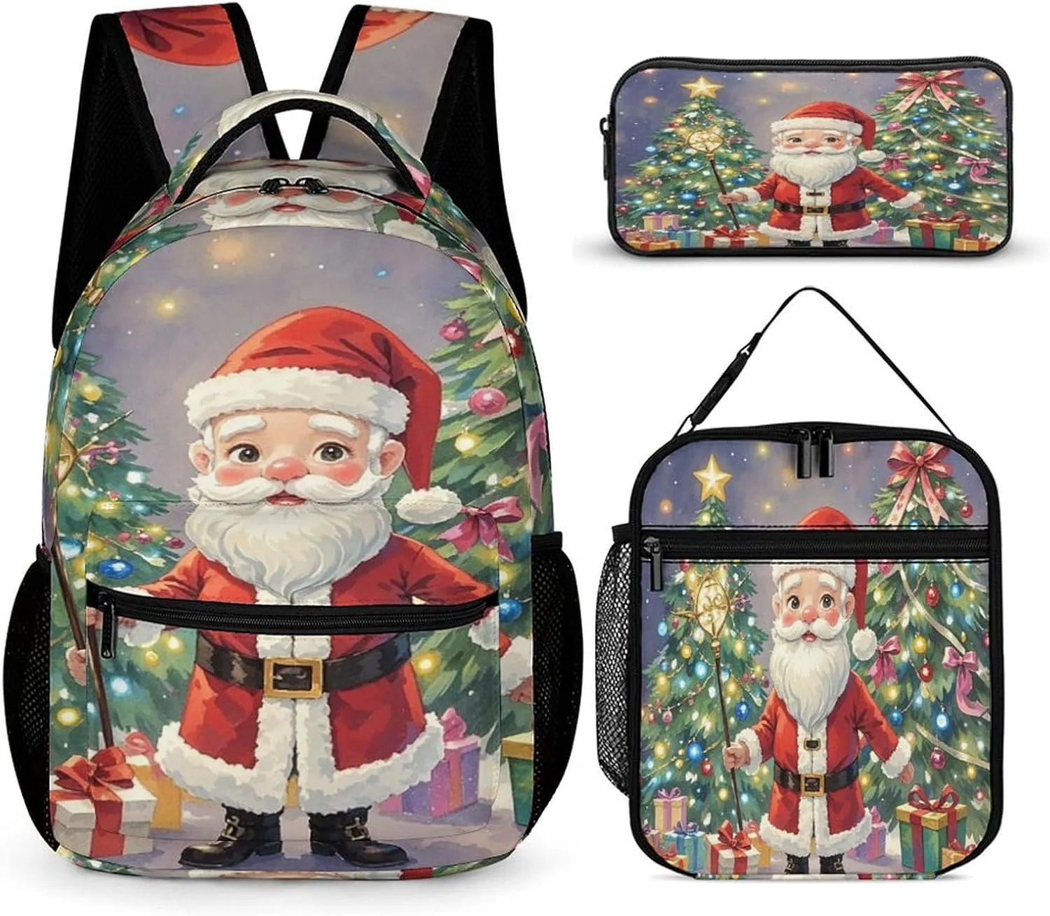 3-in-1 Backpack Lunch Bag Pencil Case Set, Magic Wand Santa Claus Print Adjustable Shoulder Straps,Spacious Storage – Perfect for Work & Travel