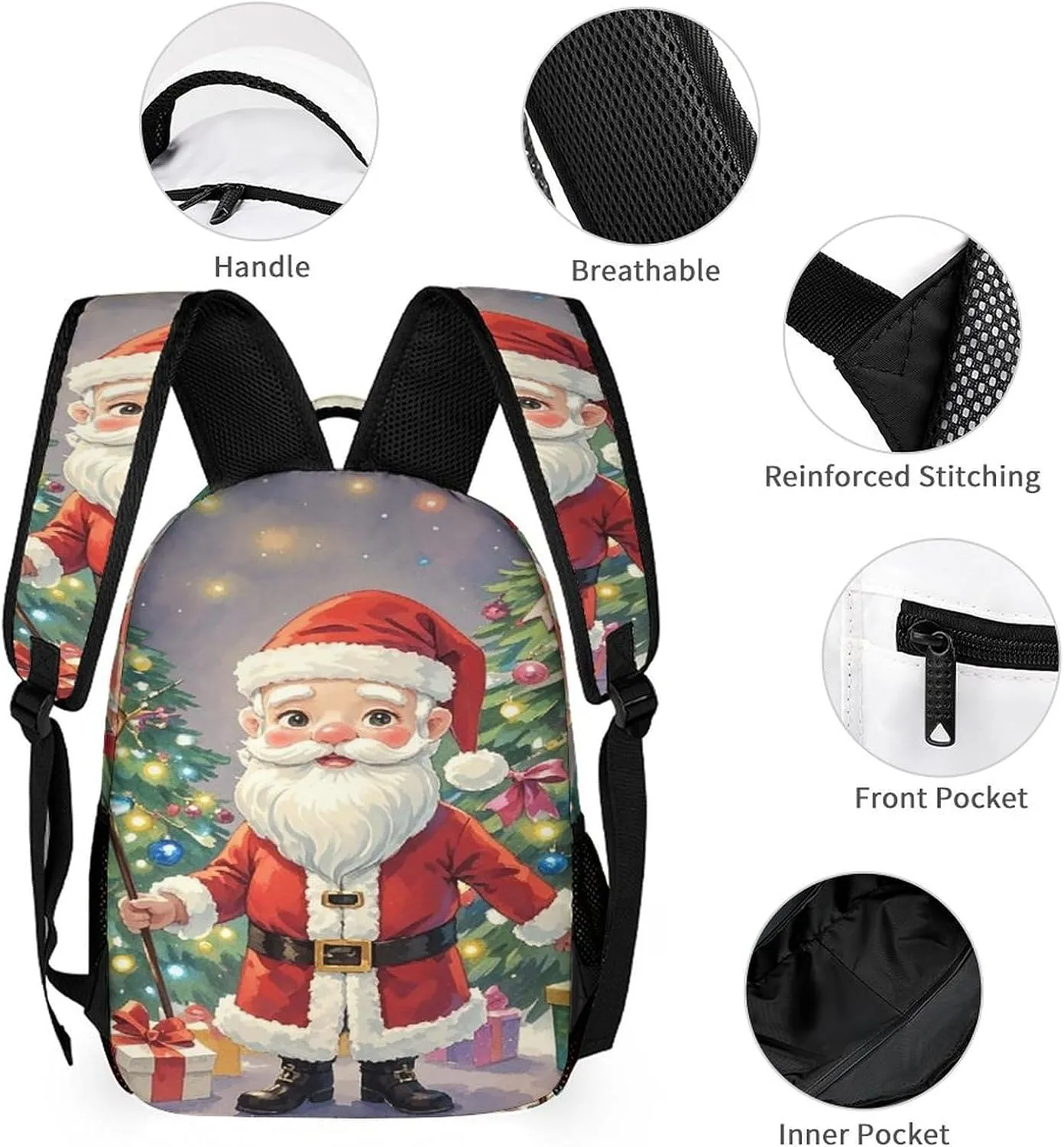 3-in-1 Backpack Lunch Bag Pencil Case Set, Magic Wand Santa Claus Print Adjustable Shoulder Straps,Spacious Storage – Perfect for Work & Travel