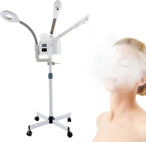 3 in 1 Facial Steamer, Professional Rolling Facial Steamer with 5X LED Magnifying Lamp, Warm Cold Mist Digital LCD Screen Ozone Facial Steamer for Salon Spa Beauty Skin Care