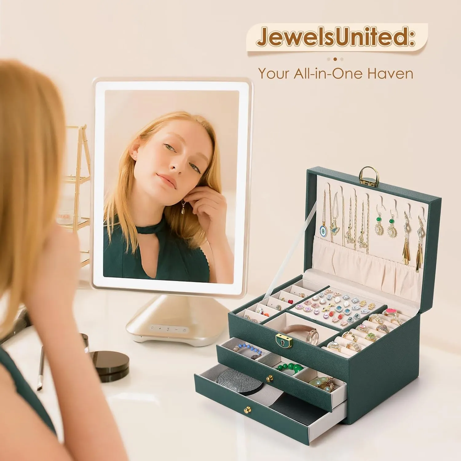 3 Layer Jewelry Box, Jewelry Holder Organizer with 2 Drawer Tray, Large boxes for Women Velvet Earring Organizer, Lockable & Organizers, Birthday Gifts for Women Mom, Green