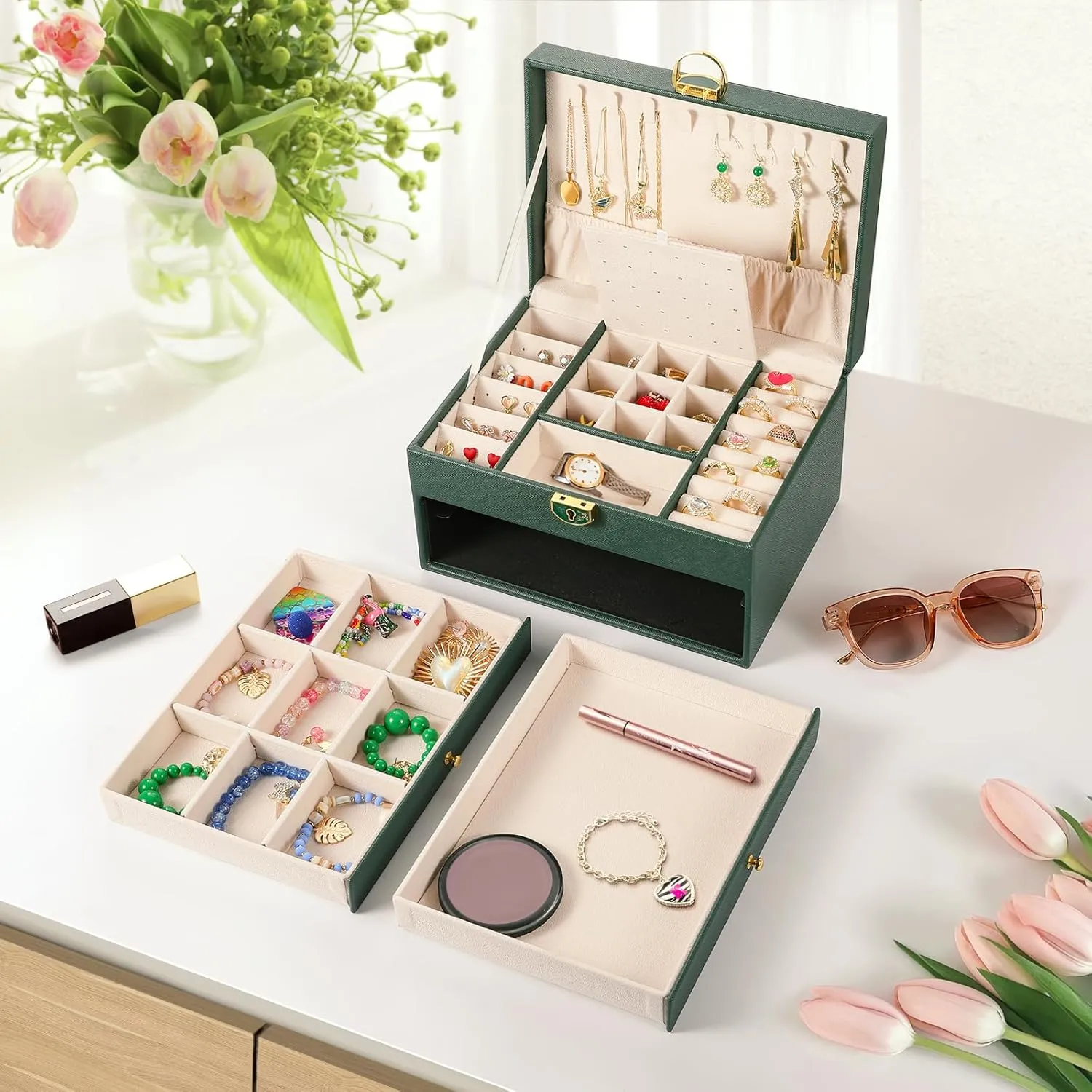 3 Layer Jewelry Box, Jewelry Holder Organizer with 2 Drawer Tray, Large boxes for Women Velvet Earring Organizer, Lockable & Organizers, Birthday Gifts for Women Mom, Green