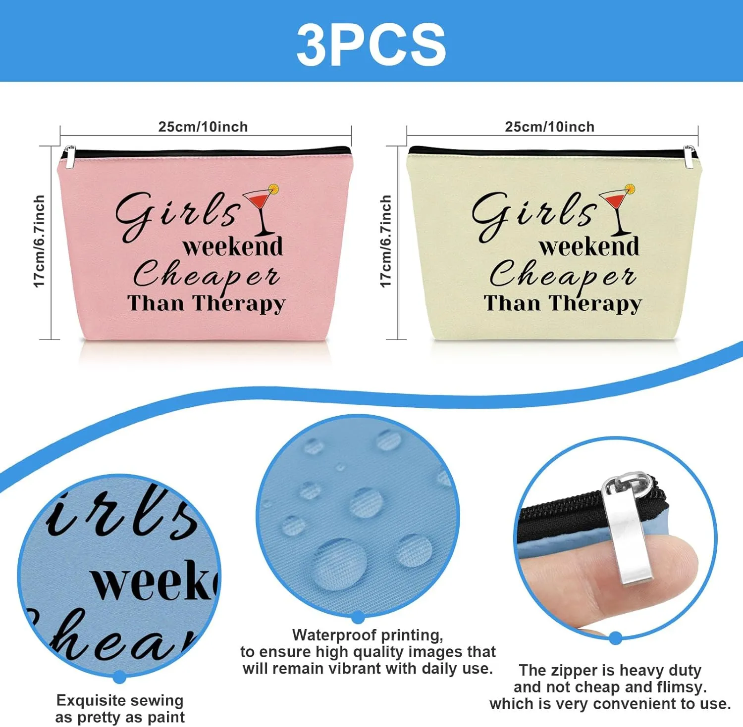 3 Pcs Girls Weekend Gifts Travel Makeup Bag Girls Trip Gifts for Best Friends Bestie Travel Cosmetic Bags Friendship Gift Christmas Birthday Graduation Gift for Teens Girl （Blue   Pink   Beige）