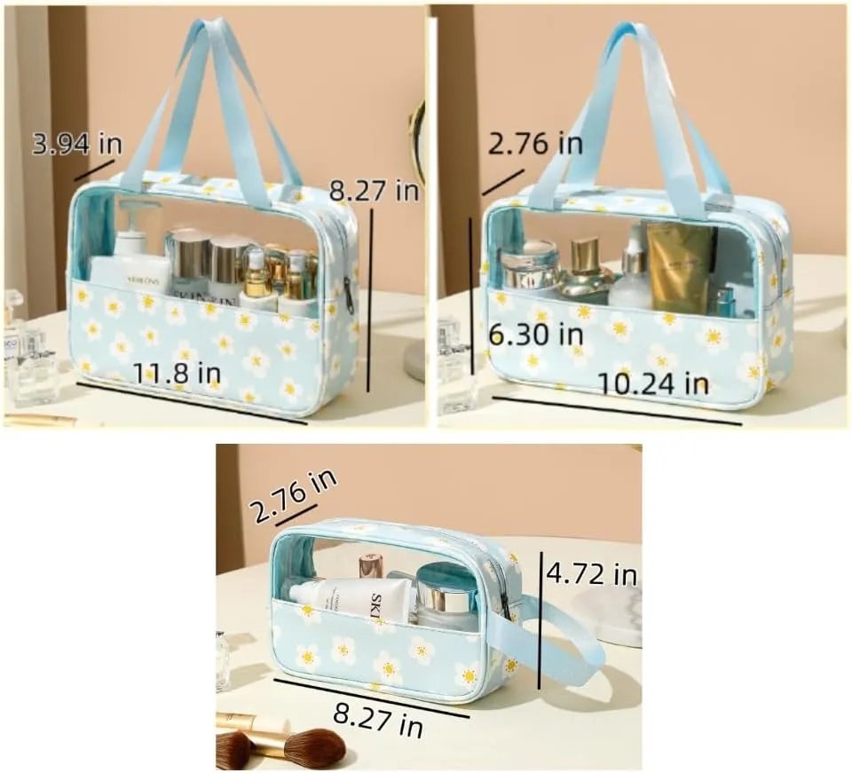 3-Pieces Clear Cosmetics Bag Transparent PVC Travel Pouch Makeup Organizer Water Proof Cases, Set of 3 (Pink Butterfly)