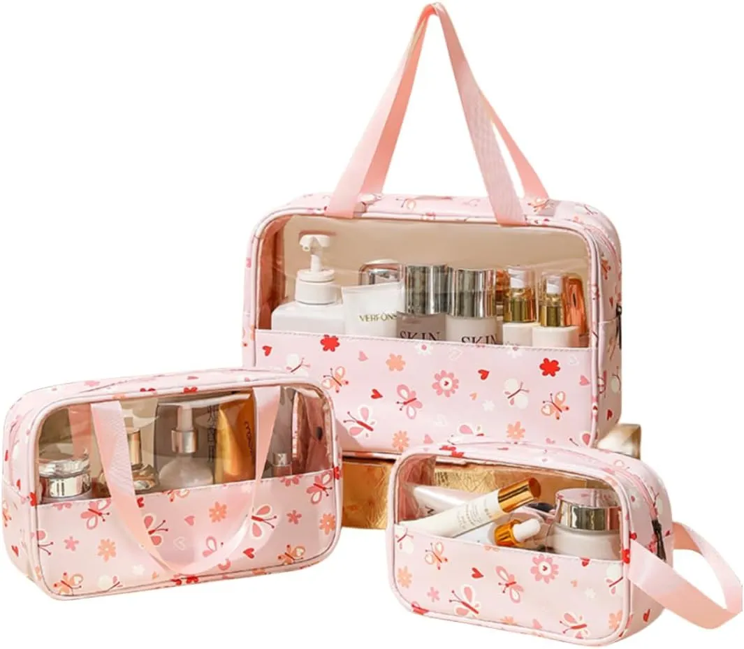 3-Pieces Clear Cosmetics Bag Transparent PVC Travel Pouch Makeup Organizer Water Proof Cases, Set of 3 (Pink Butterfly)