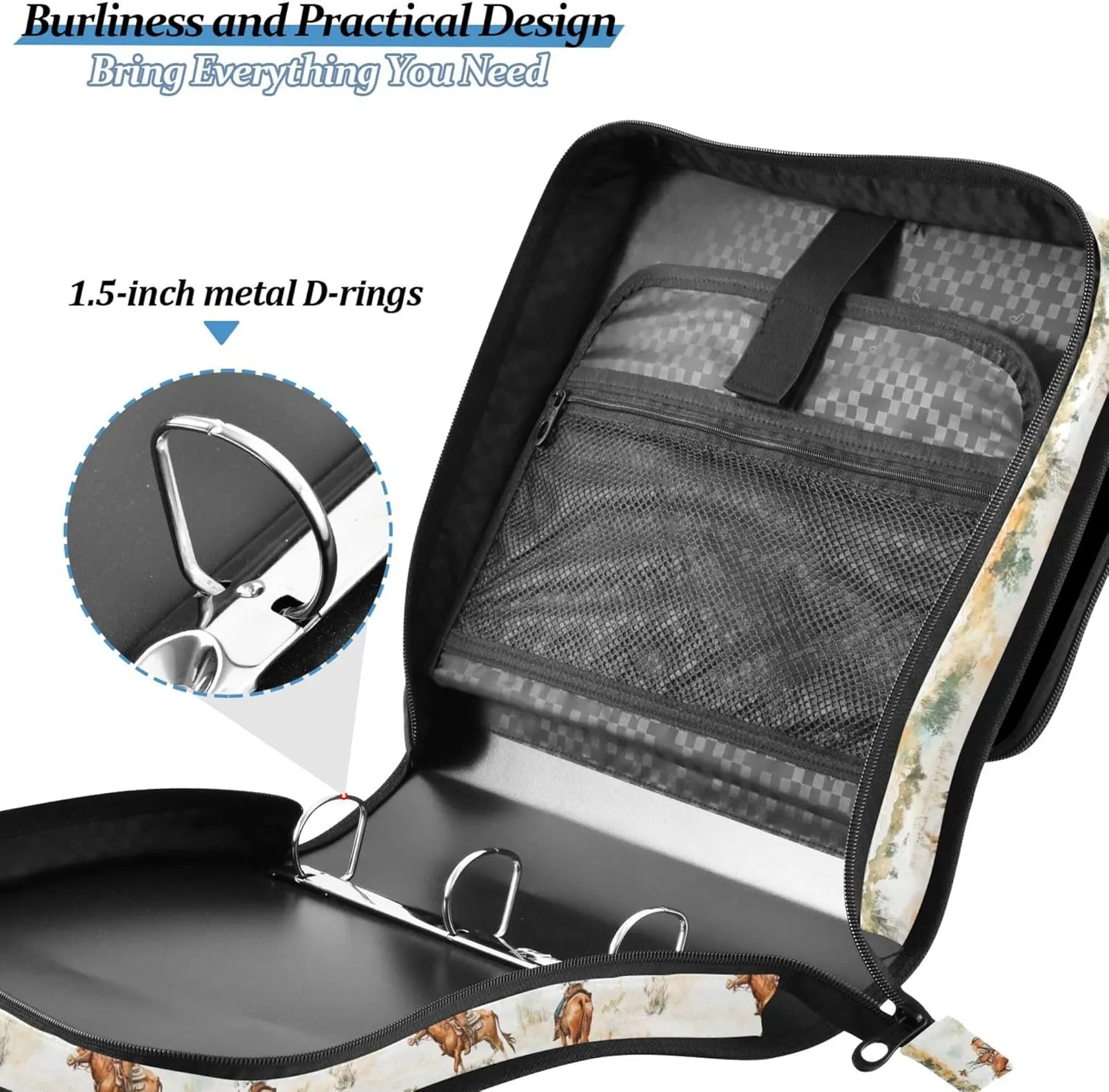 3 Rings Binder with Extra Pockets with Shoulder Strap Includes Zip Pocket Documents Files Storage Bag for Middle School Western Cowboy Cow Cowgirl Vast Wilderness