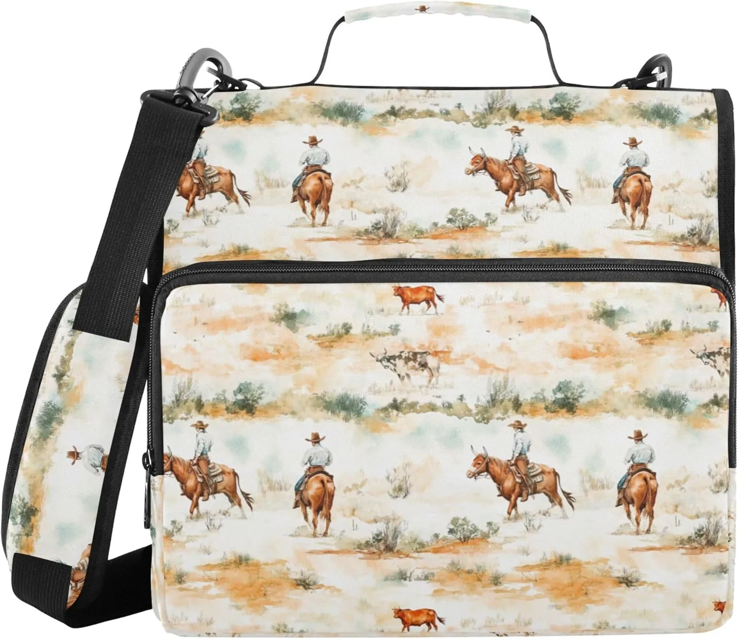 3 Rings Binder with Extra Pockets with Shoulder Strap Includes Zip Pocket Documents Files Storage Bag for Middle School Western Cowboy Cow Cowgirl Vast Wilderness