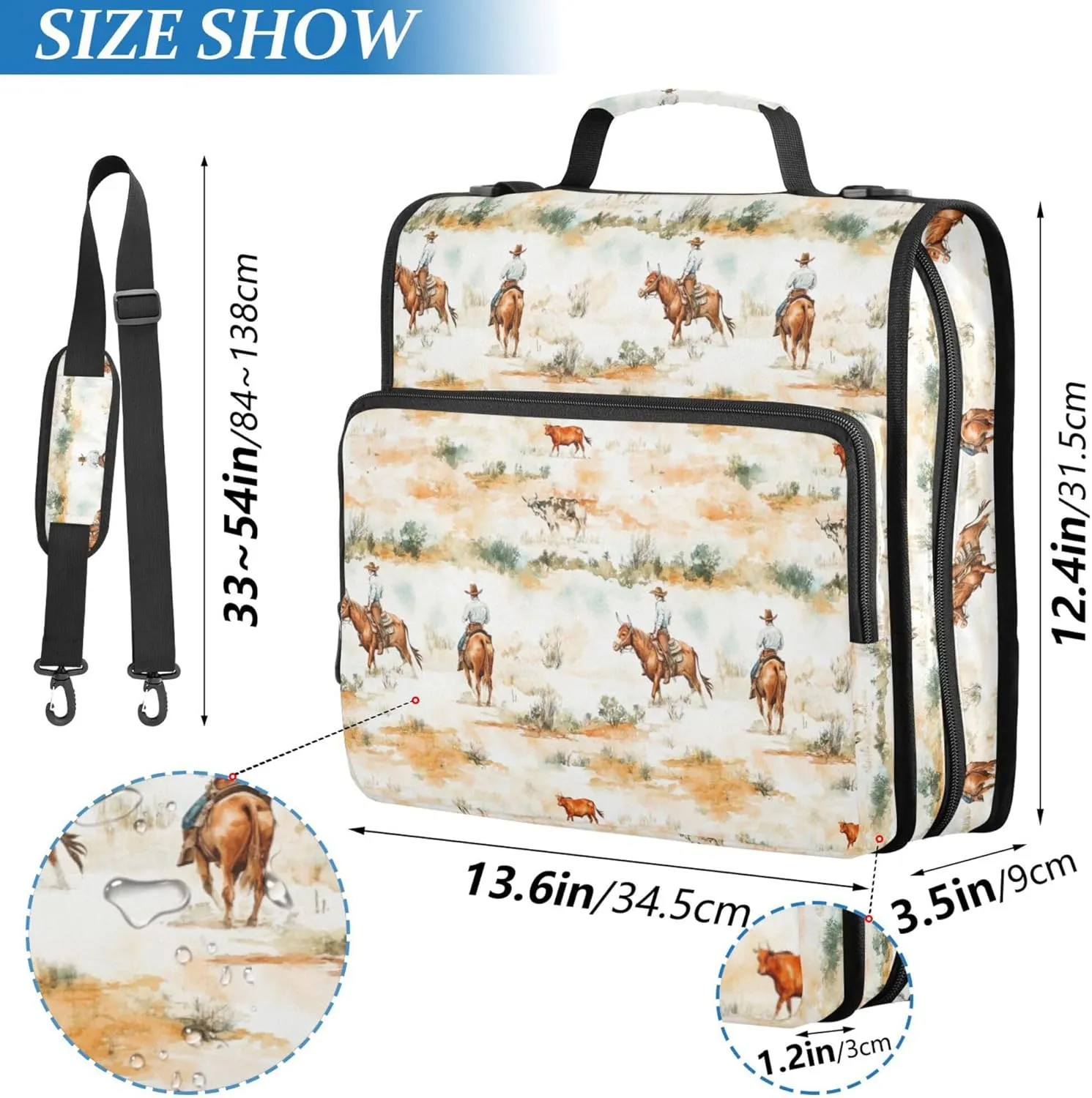 3 Rings Binder with Extra Pockets with Shoulder Strap Includes Zip Pocket Documents Files Storage Bag for Middle School Western Cowboy Cow Cowgirl Vast Wilderness