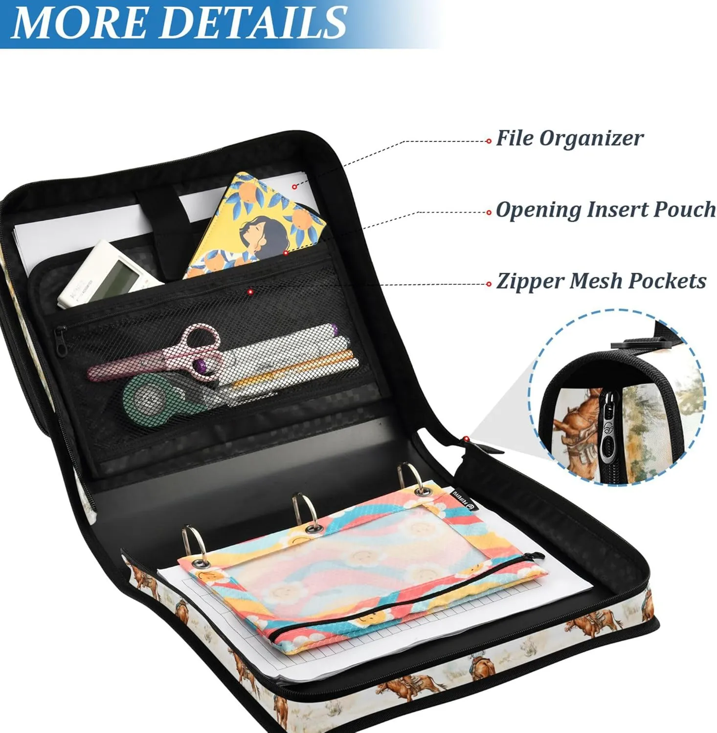 3 Rings Binder with Extra Pockets with Shoulder Strap Includes Zip Pocket Documents Files Storage Bag for Middle School Western Cowboy Cow Cowgirl Vast Wilderness