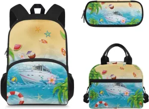 3 Set of Beach Starfish and Ocean Book Bag with Insulated Lunch Box and Sturdy Pencil Case, 3 in 1 Set 15 inch School Bag for Students Travel Outdoor Festival Gift