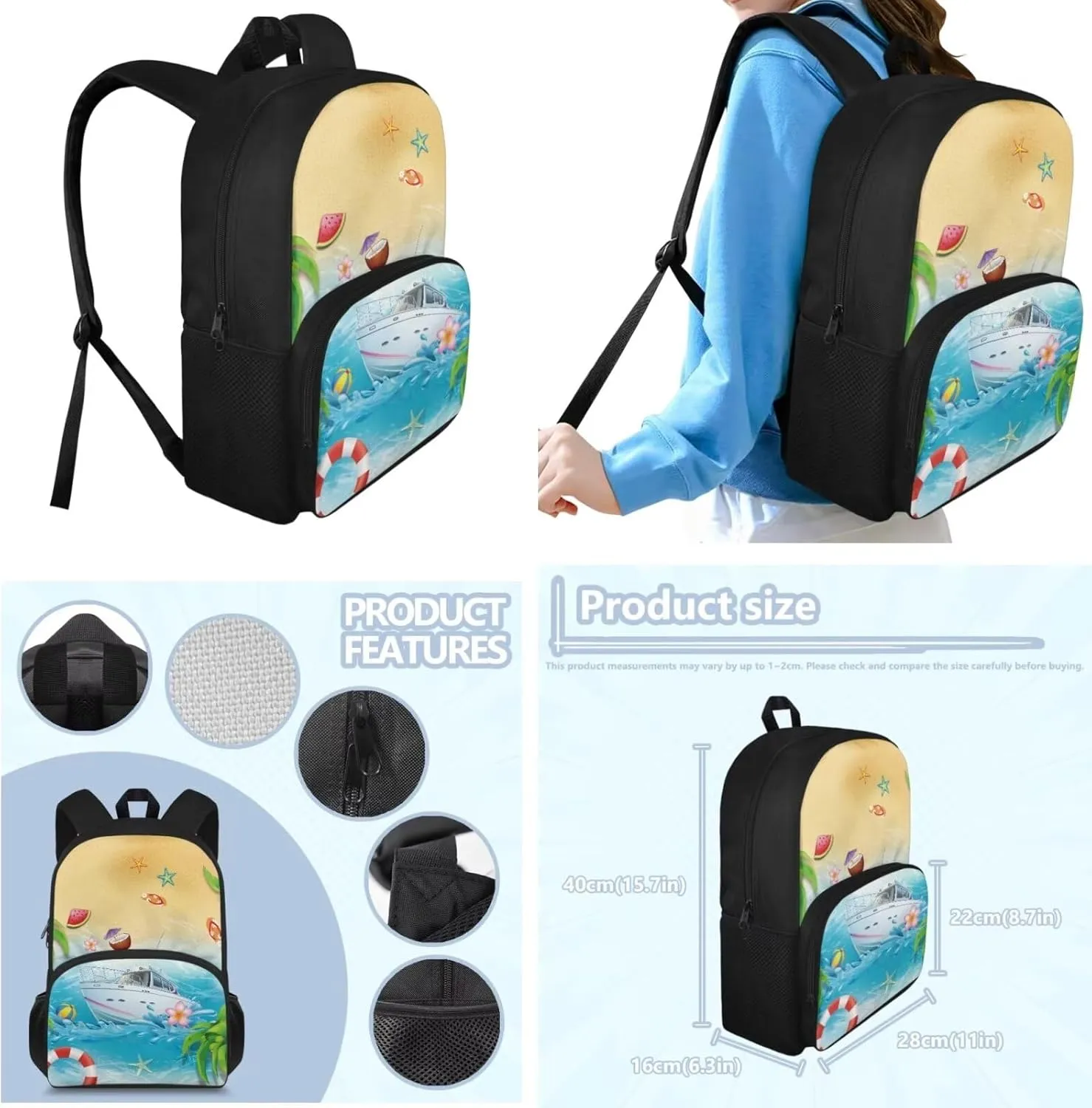 3 Set of Beach Starfish and Ocean Book Bag with Insulated Lunch Box and Sturdy Pencil Case, 3 in 1 Set 15 inch School Bag for Students Travel Outdoor Festival Gift