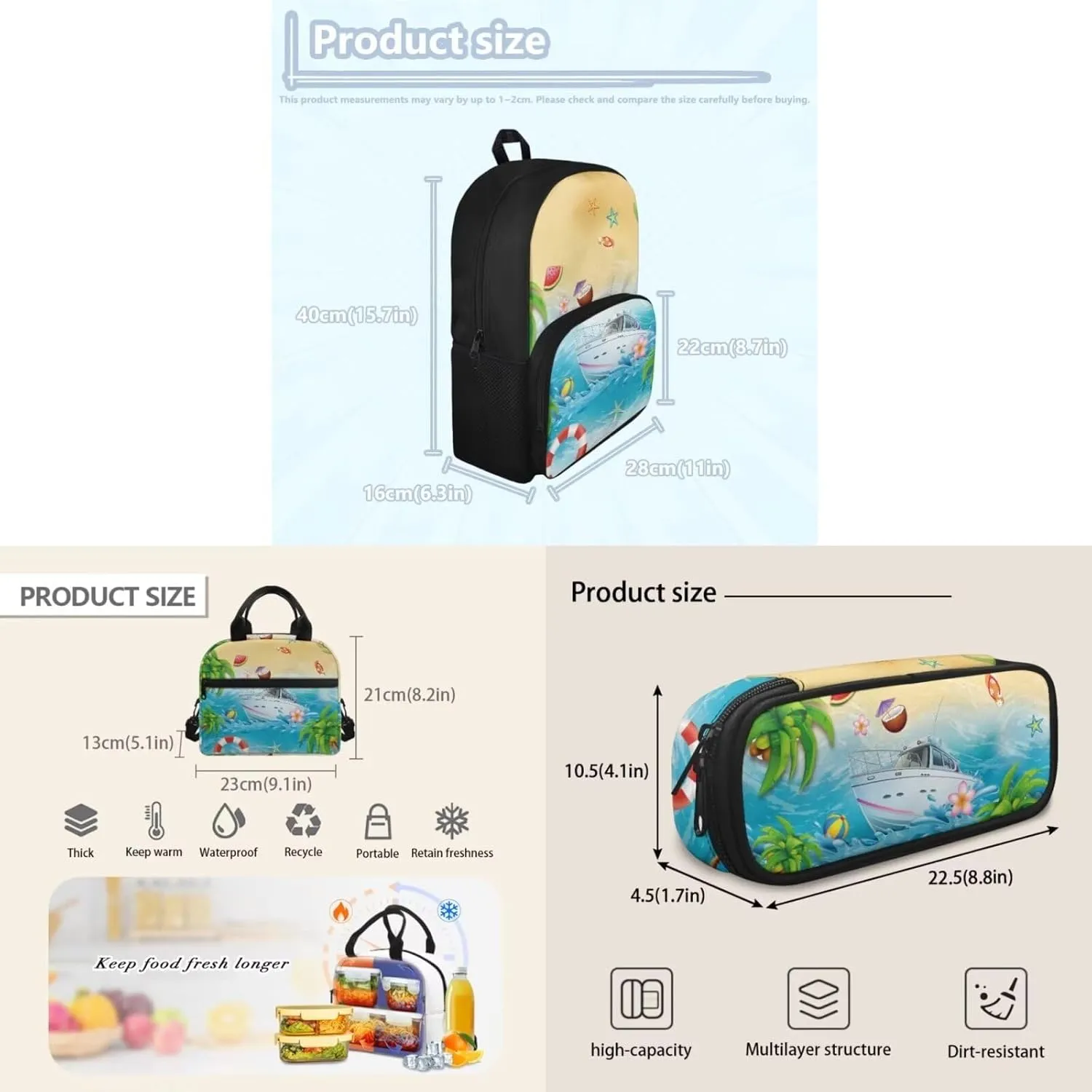 3 Set of Beach Starfish and Ocean Book Bag with Insulated Lunch Box and Sturdy Pencil Case, 3 in 1 Set 15 inch School Bag for Students Travel Outdoor Festival Gift