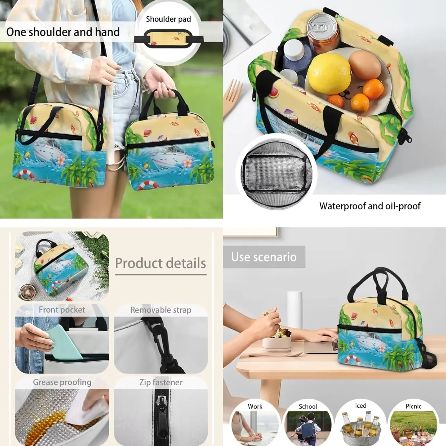 3 Set of Beach Starfish and Ocean Book Bag with Insulated Lunch Box and Sturdy Pencil Case, 3 in 1 Set 15 inch School Bag for Students Travel Outdoor Festival Gift