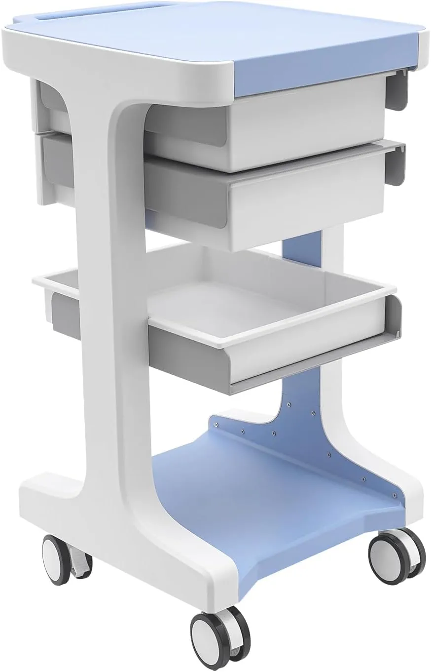 3-Tier Mobile Utility Cart with 2 Storage Cabinets & Wheels，Rolling Medical & Beauty Equipment Cart for Clinics, Barber Shops, and Salons (Blue)